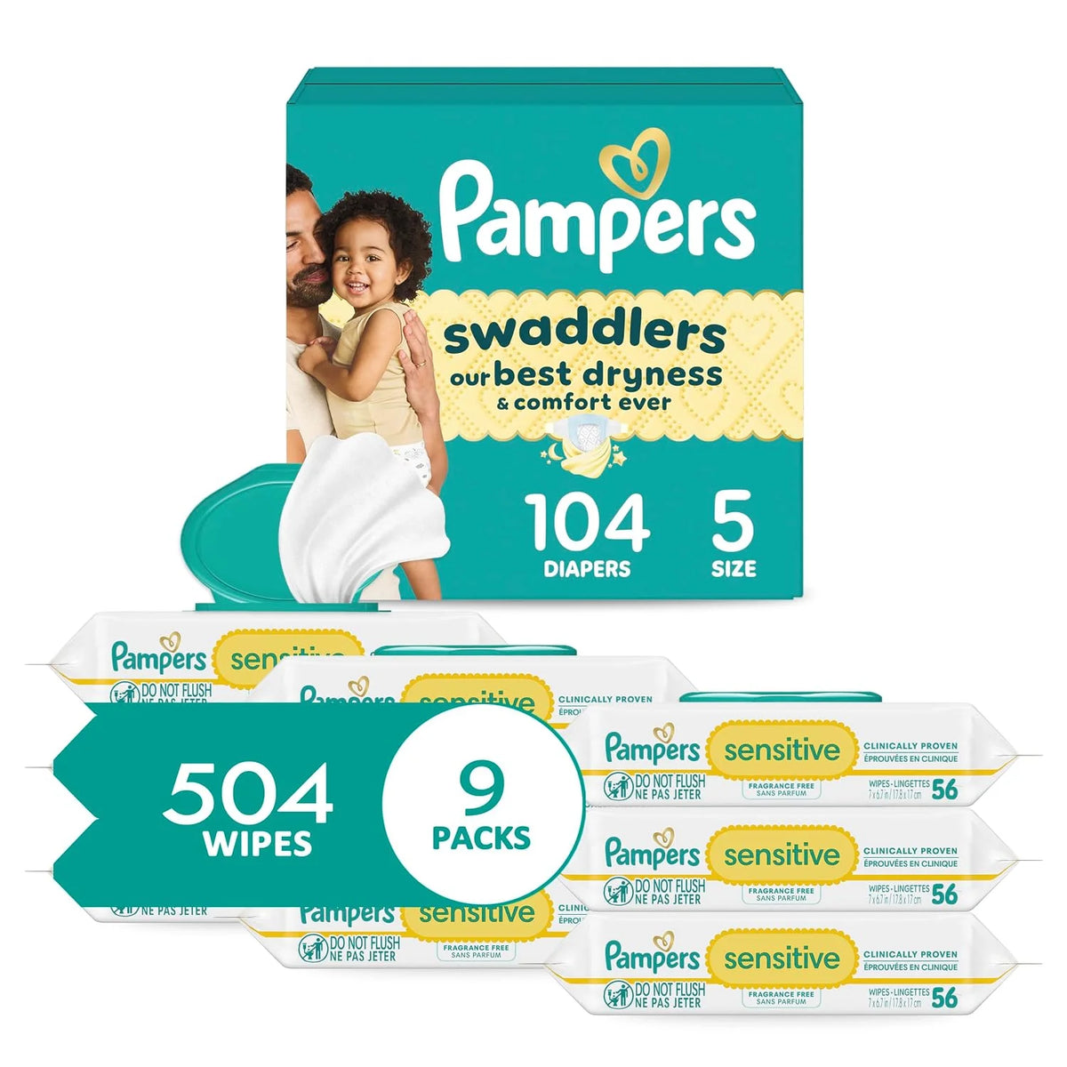 Pampers Swaddlers Diapers, Size 5 (20-37 lbs), 104 Count, Disposable Baby Diaper + Pampers Sensitive Baby Wipes, 504 Wipes Total (6X Flip-Top Packs) [Packaging May Vary]