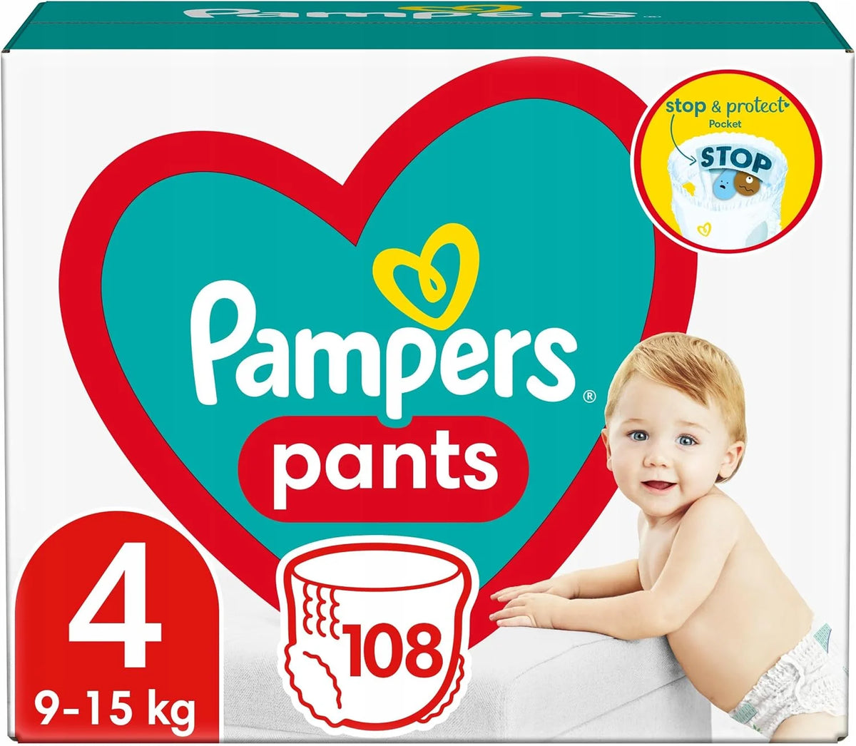 Pampers Pants Nappy Size 4 (9-15 kg), Pack of 108, Nappies with Stop & Protect Anti Leak Function at the Back