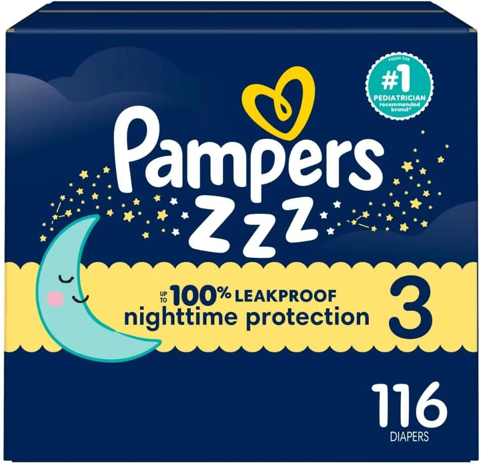 Pampers ZZZ Overnight Diapers, Size 3 (13-26 lbs), 116 Count, Nighttime Protection Disposable Baby Diaper